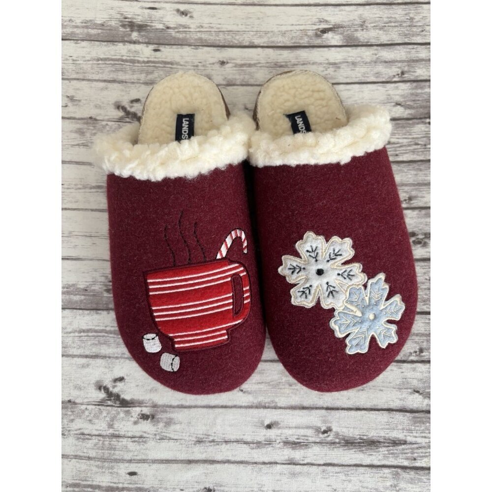 Lands’ End Felt Hot Cocoa Snow Slippers Red Women’s 8 House Shoes‎ NEW